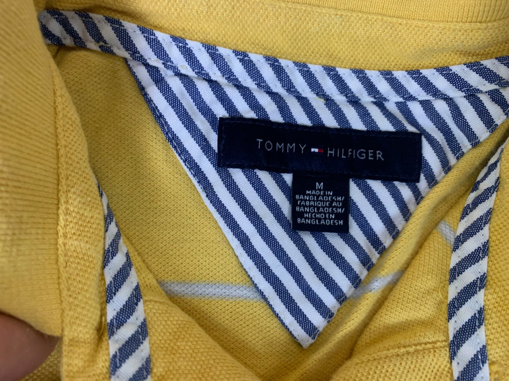 Tommy Hilfiger Vintage 90's Yellow Gray Striped Flag Logo SS Polo Shirt Medium
