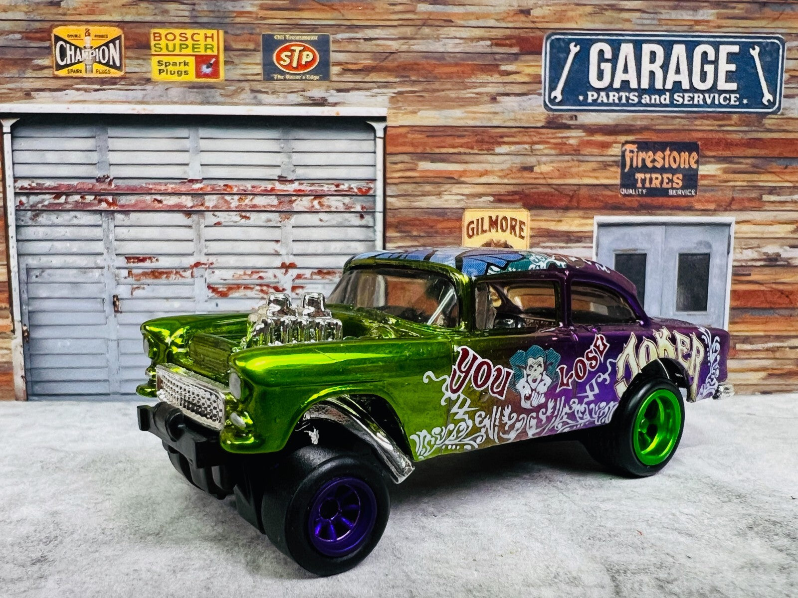🔥🔥🔥Hot Wheels CUSTOM 55 Chevy Gasser Joker Real Rider's C20🔥🔥🔥