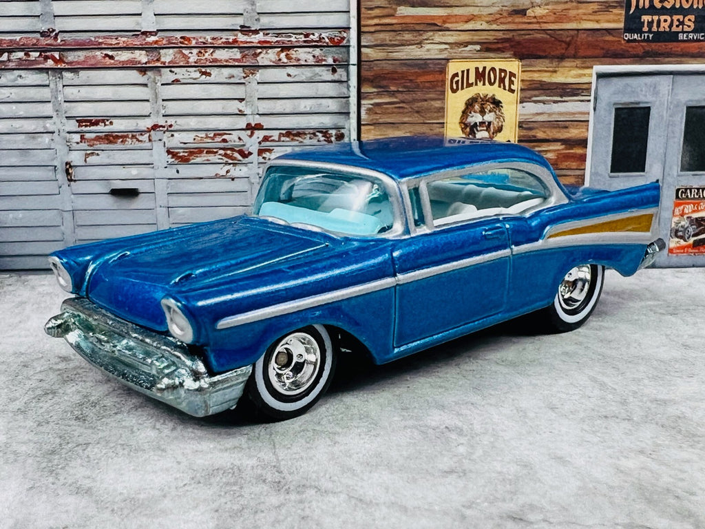 🇺🇸Hot Wheels 2006 Holiday Rods 57 Chevy Bel Air Blue Real Riders C23🇺🇸