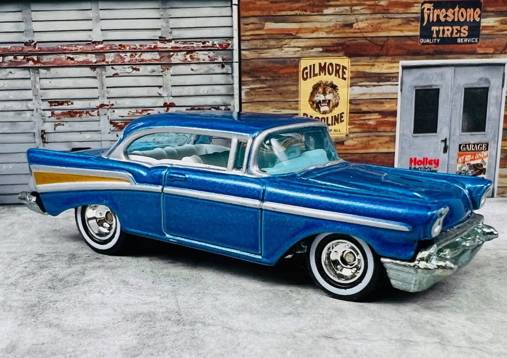 🇺🇸Hot Wheels 2006 Holiday Rods 57 Chevy Bel Air Blue Real Riders C23🇺🇸