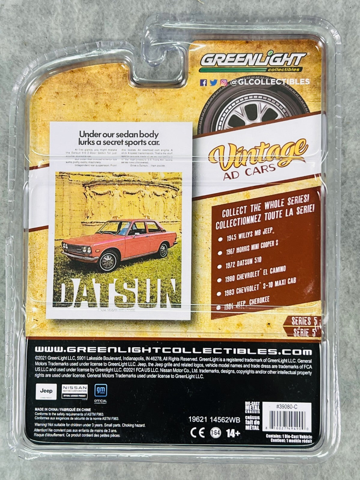 🎌🎌Greenlight Vintage Ad Cars CHASE Red 1972 Datsun 510 Green Machine H33🎌🎌
