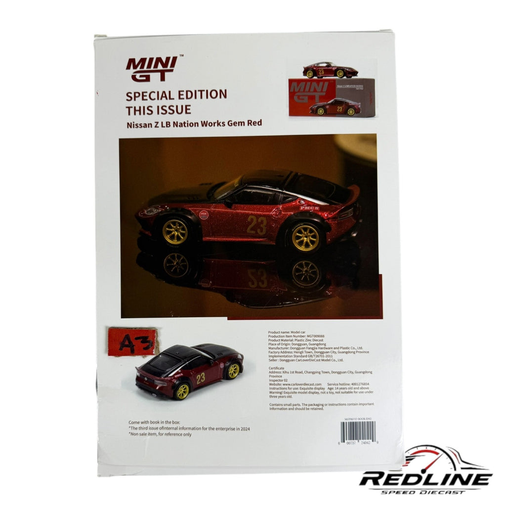 🎌Mini GT CLDC Magazine with Nissan Z LB Nation Works Red Metallic 1:64🎌