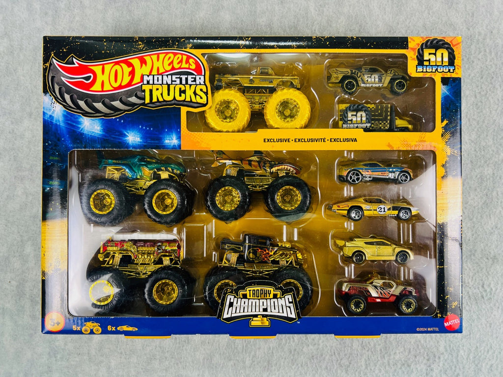 🔥Hot Wheels Monster Trucks 50 Bigfoot Trophy Champions Rare Exclusive GOLD Set
