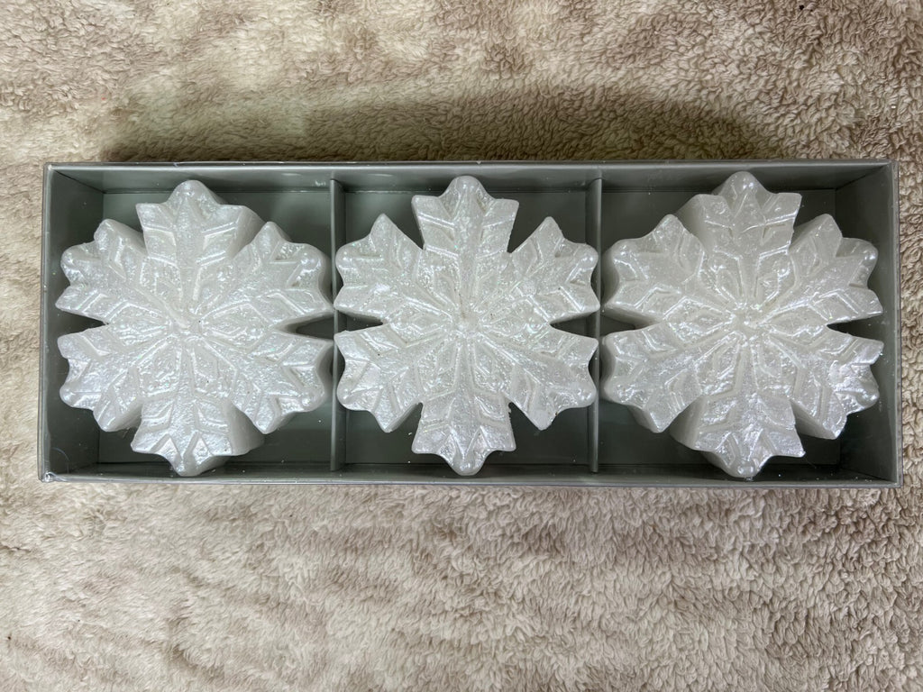 ❄️❄️❄️3 Snowflake Candles White Iridescent Glitter Christmas Winter❄️❄️❄️