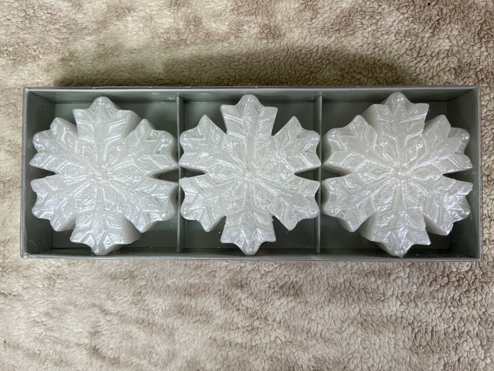❄️❄️❄️3 Snowflake Candles White Iridescent Glitter Christmas Winter❄️❄️❄️