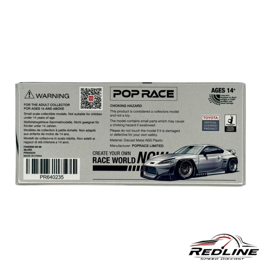 🎌🎌Pop Race Toyota Pandem GR 86 Silver 1:64 Scale Diecast Car H17🎌🎌