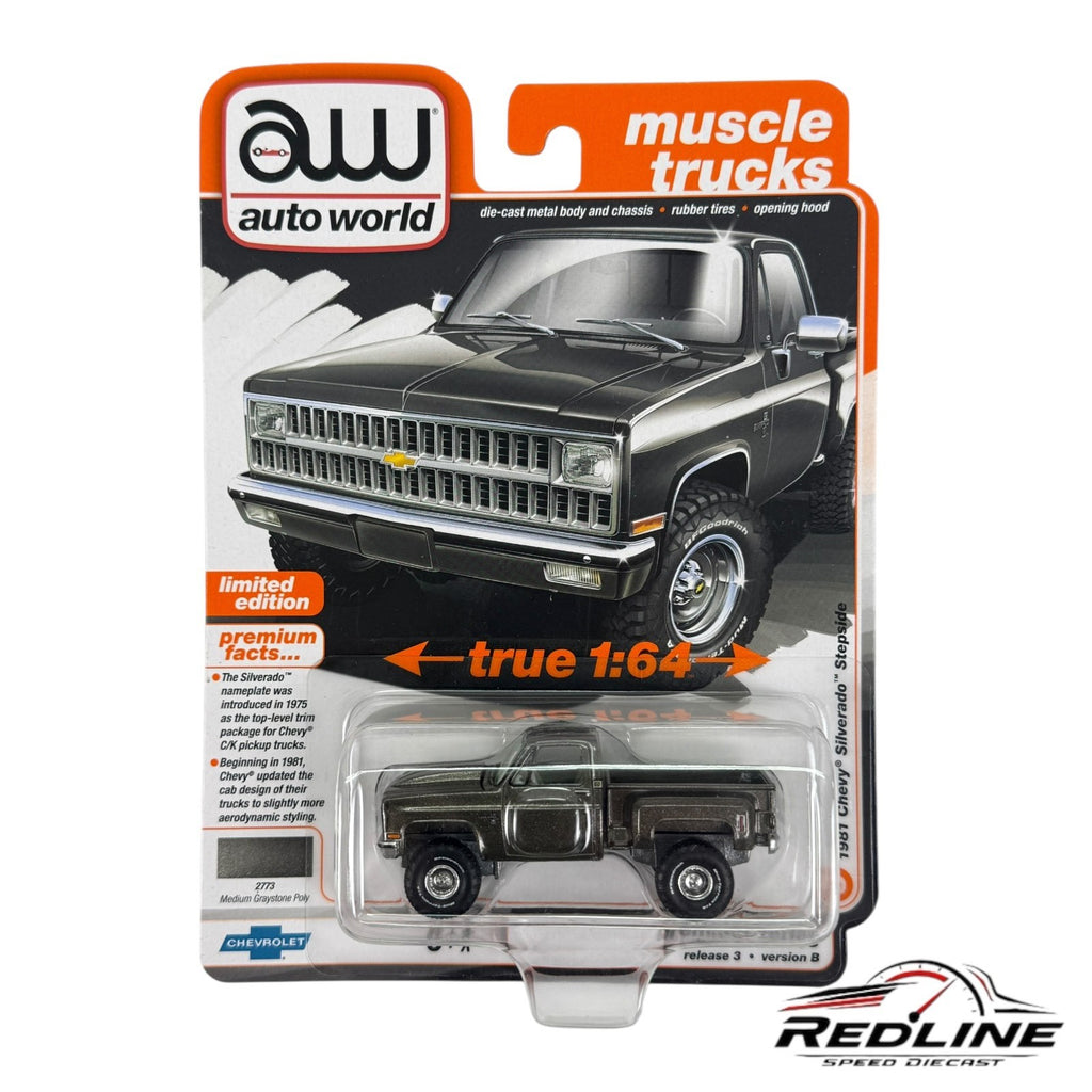 🇺🇸Auto World 1981 Chevy Silverado Stepside Muscle Truck 4X4 Gray Metallic H15