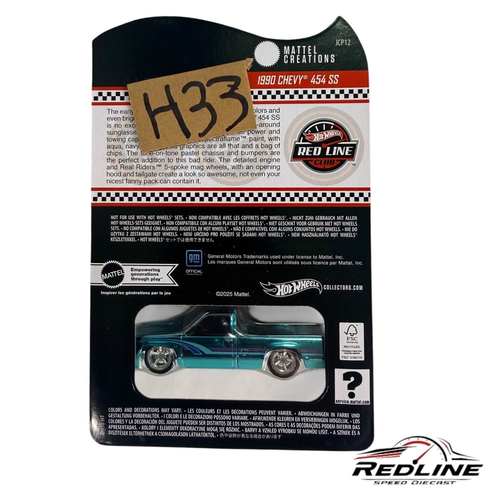 🇺🇸Hot Wheels Red Line Club 1990 Chevy 454 SS Aqua Blue H33🇺🇸