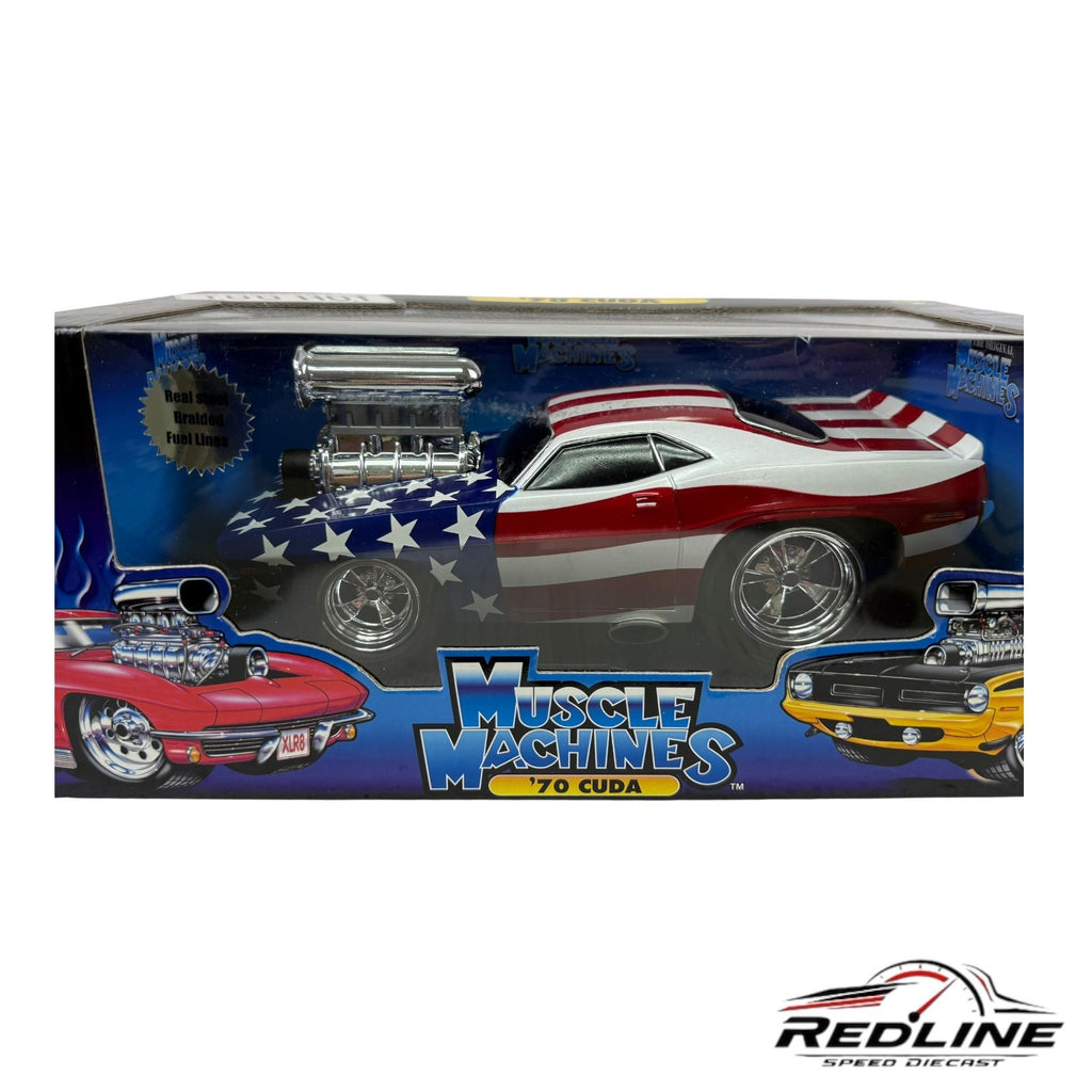 🇺🇸🇺🇸🇺🇸Funlinel Muscle Machines American Flag 1970 Cuda 1:18 T🇺🇸🇺🇸🇺🇸