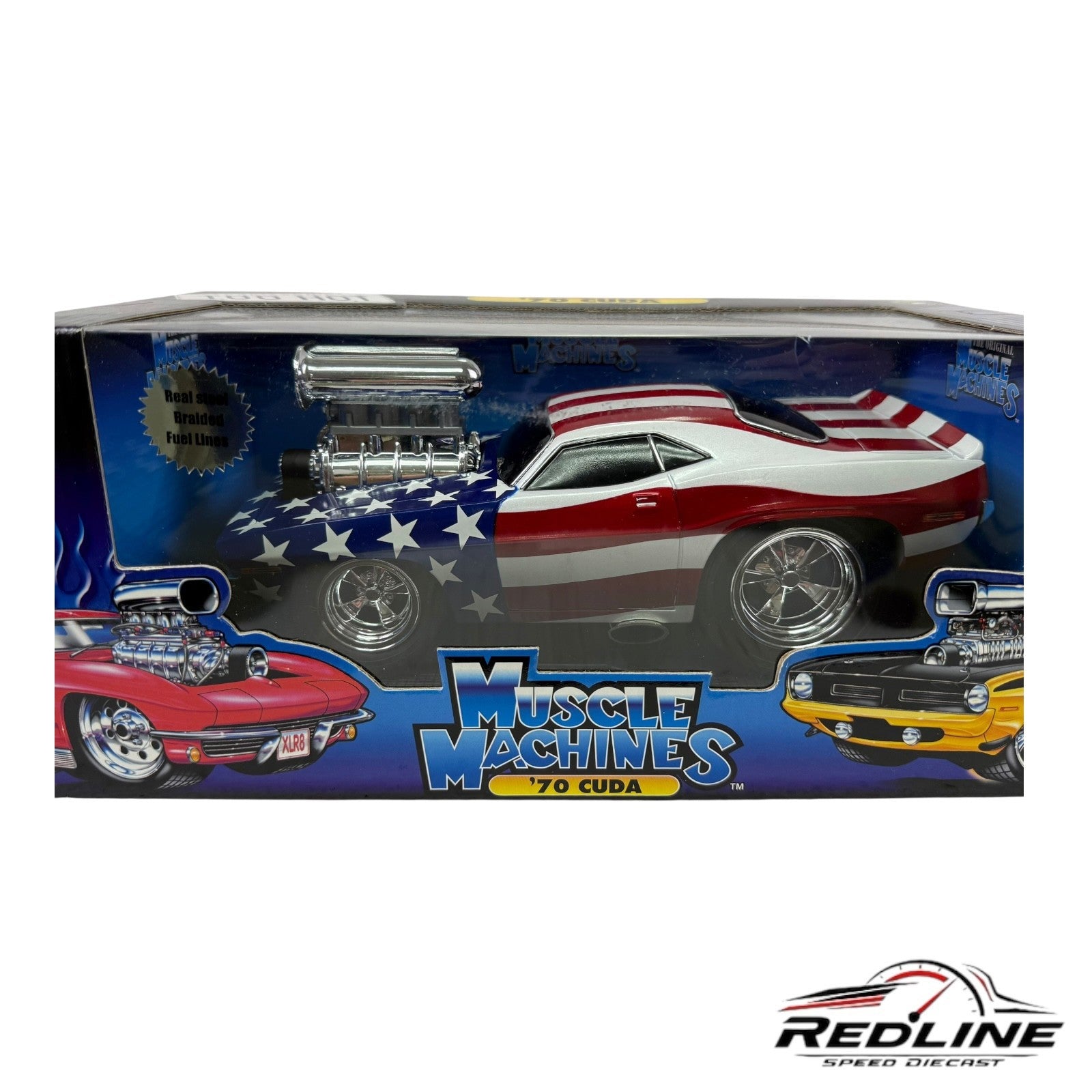 🇺🇸🇺🇸🇺🇸Funlinel Muscle Machines American Flag 1970 Cuda 1:18 T🇺🇸🇺🇸🇺🇸