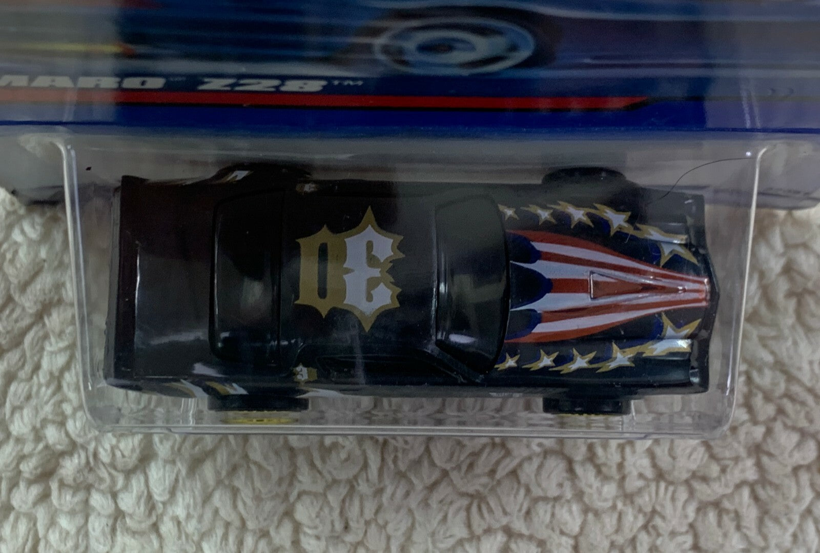 2000 Hot Wheels #124 CAMARO Z28 Black w/Gold Lace Wheels Lt Blue Star Tampo HW05