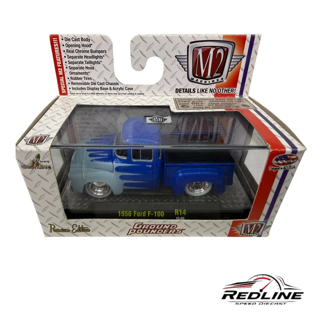 🇺🇸M2 Machines Ground Pounders R14 1956 Ford F-100 Pickup Truck Blue 1:64 H1