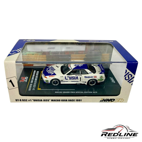 🎌INNO64 Nissan Skyline GT-R R32 Blue / White UNISIA JECS Macau 1991 H36🎌