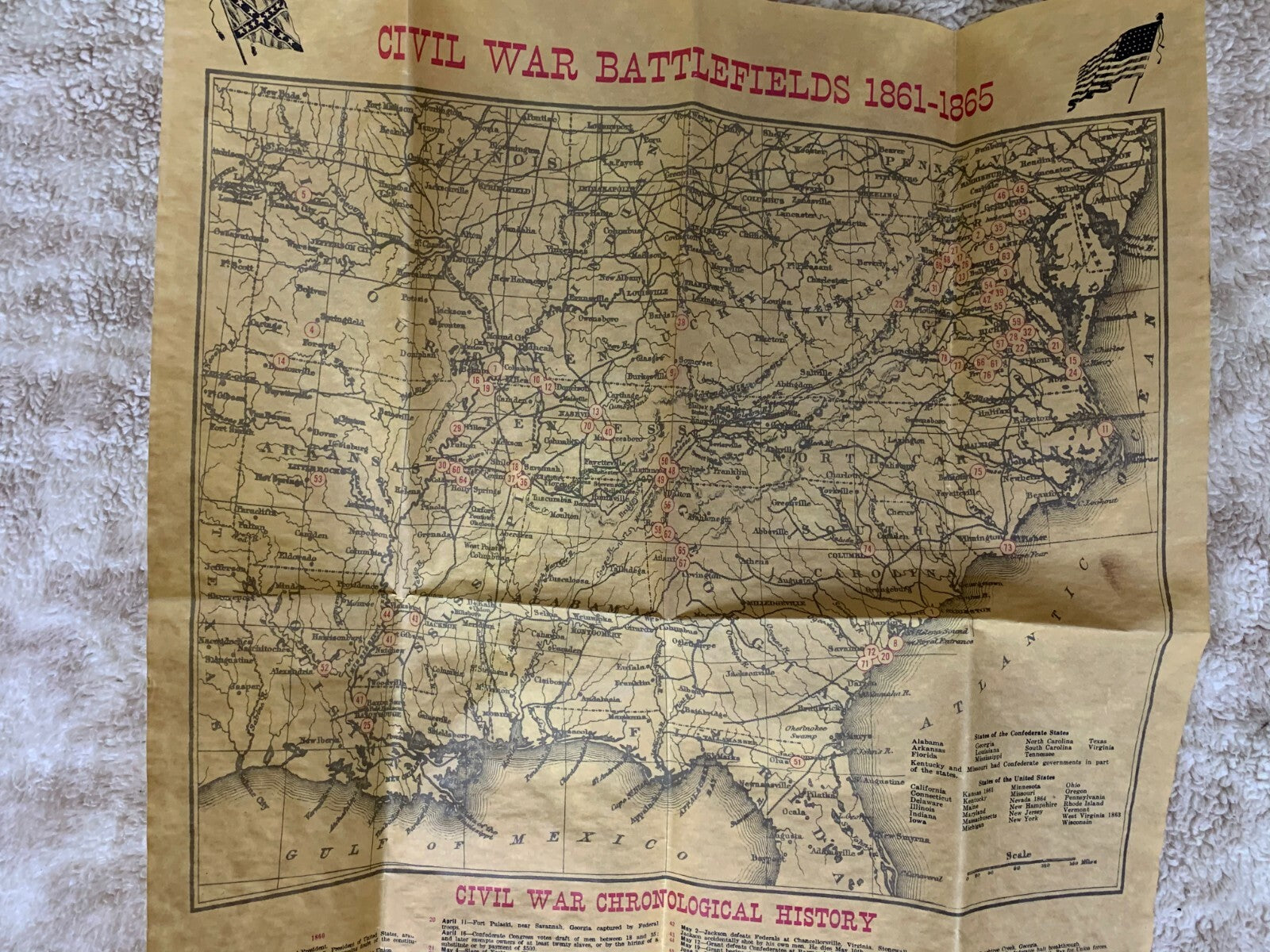 1961 CIVIL WAR BATTLEFIELDS Map 1861-1865 Chronological History of Events Listed