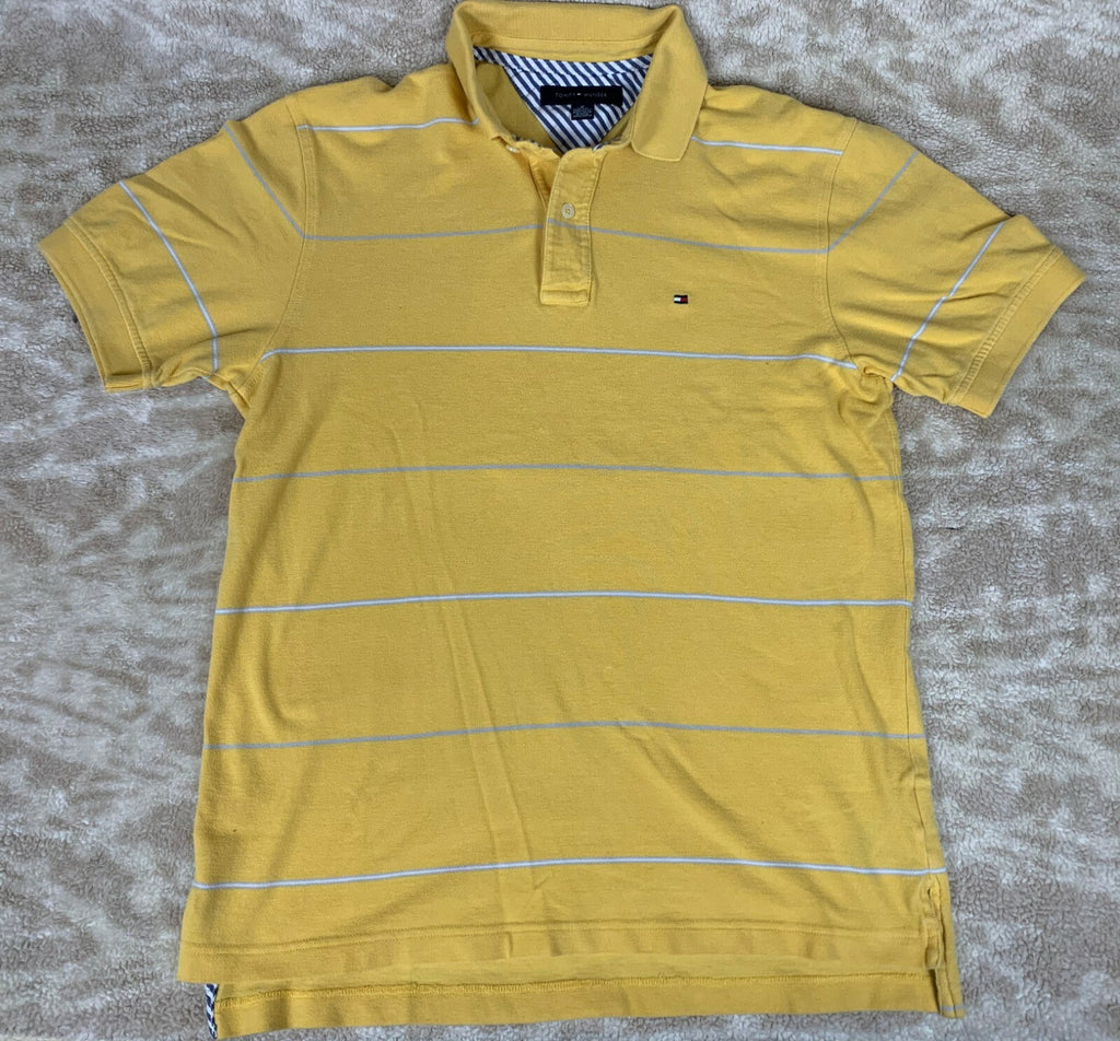 Tommy Hilfiger Vintage 90's Yellow Gray Striped Flag Logo SS Polo Shirt Medium