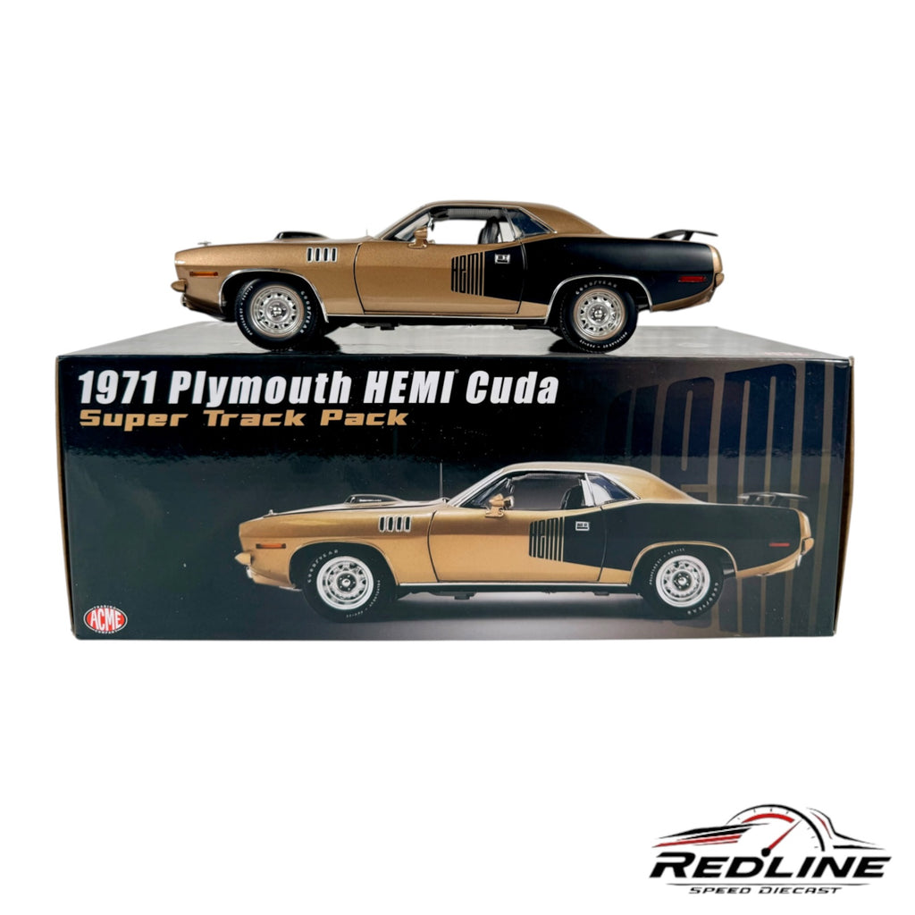 ACME 1971 Plymouth HEMI Cuda Super Track Pack Gold Diecast Car 1:18