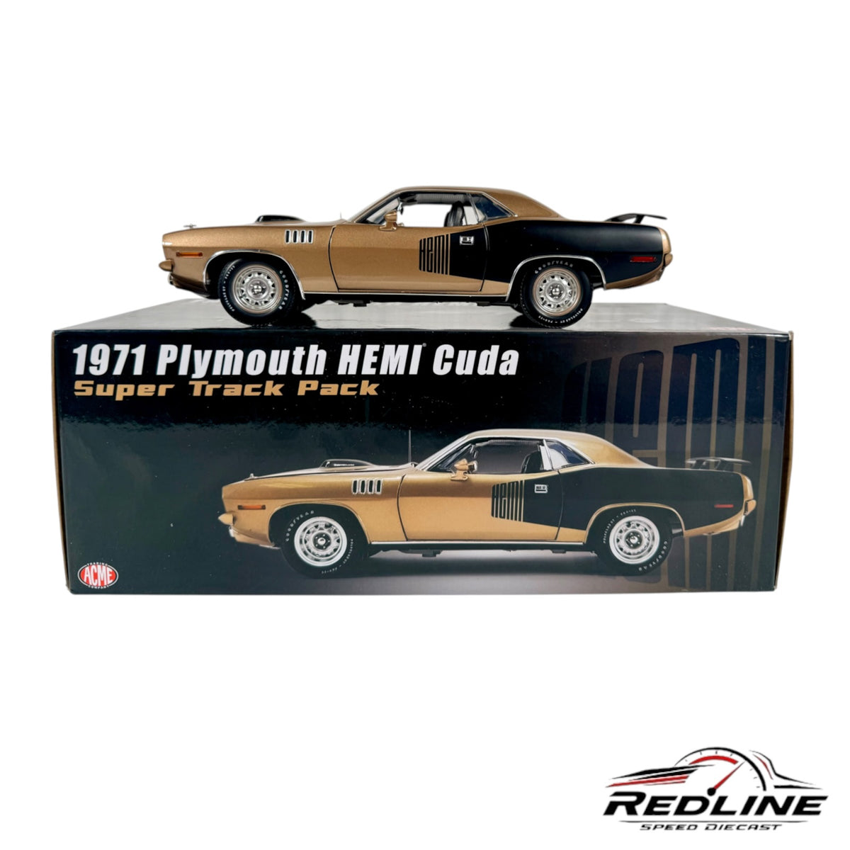 ACME 1971 Plymouth HEMI Cuda Super Track Pack Gold Diecast Car 1:18