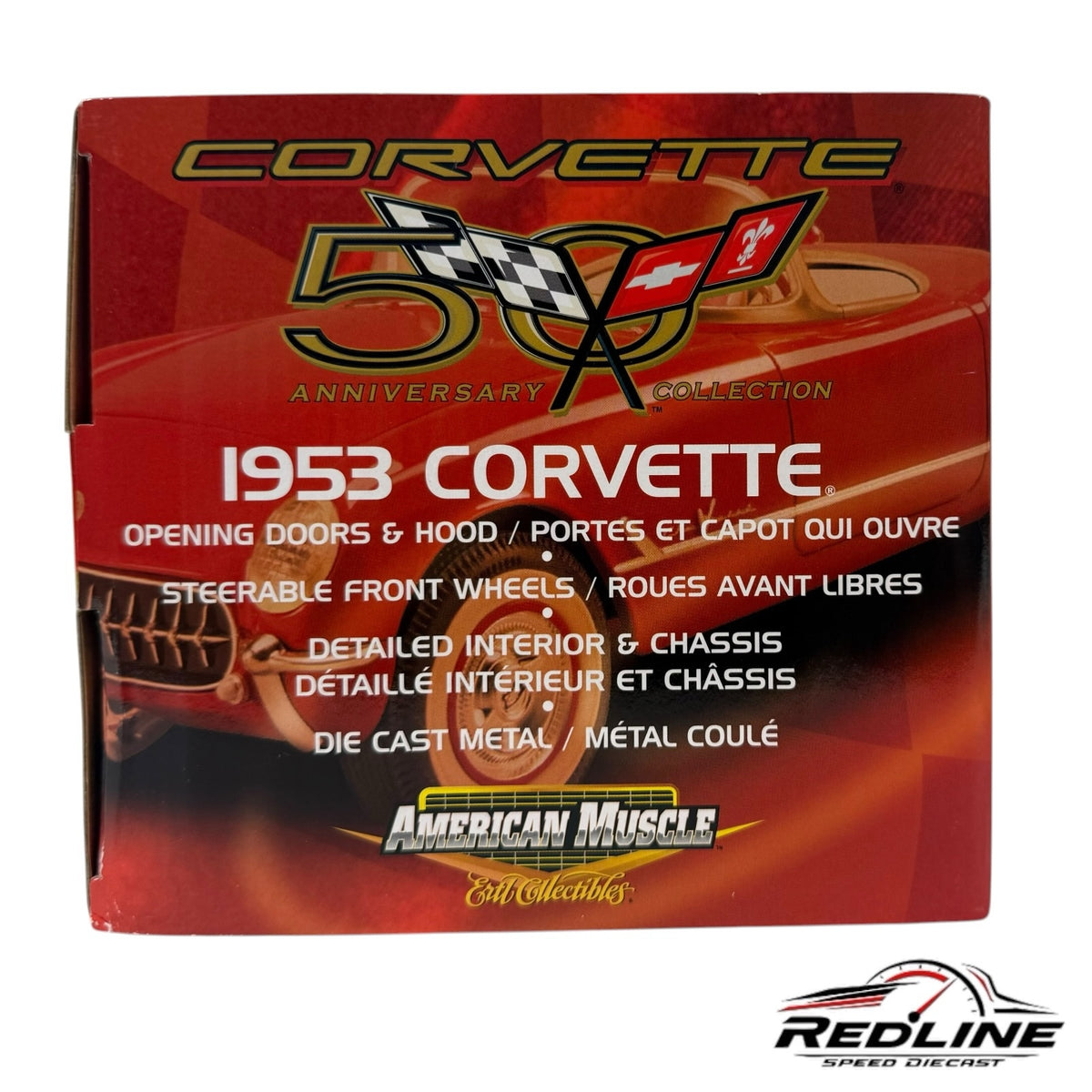 American Muscle 1953 Chevrolet Corvette 50th Anniversary diecast model packaging box with red and gold graphics.