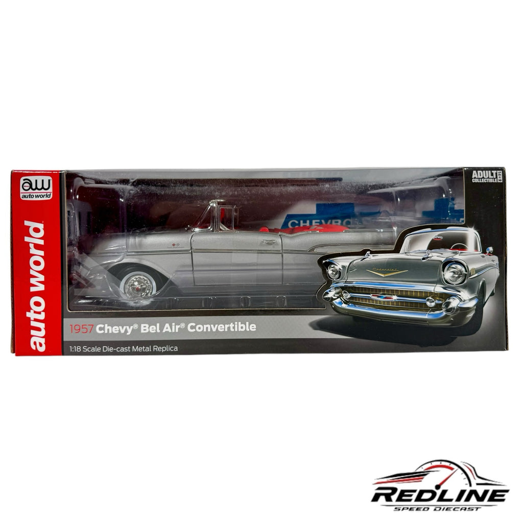 Auto World 1957 Chevrolet Bel Air convertible 1:18 scale silver die-cast model car in original display box