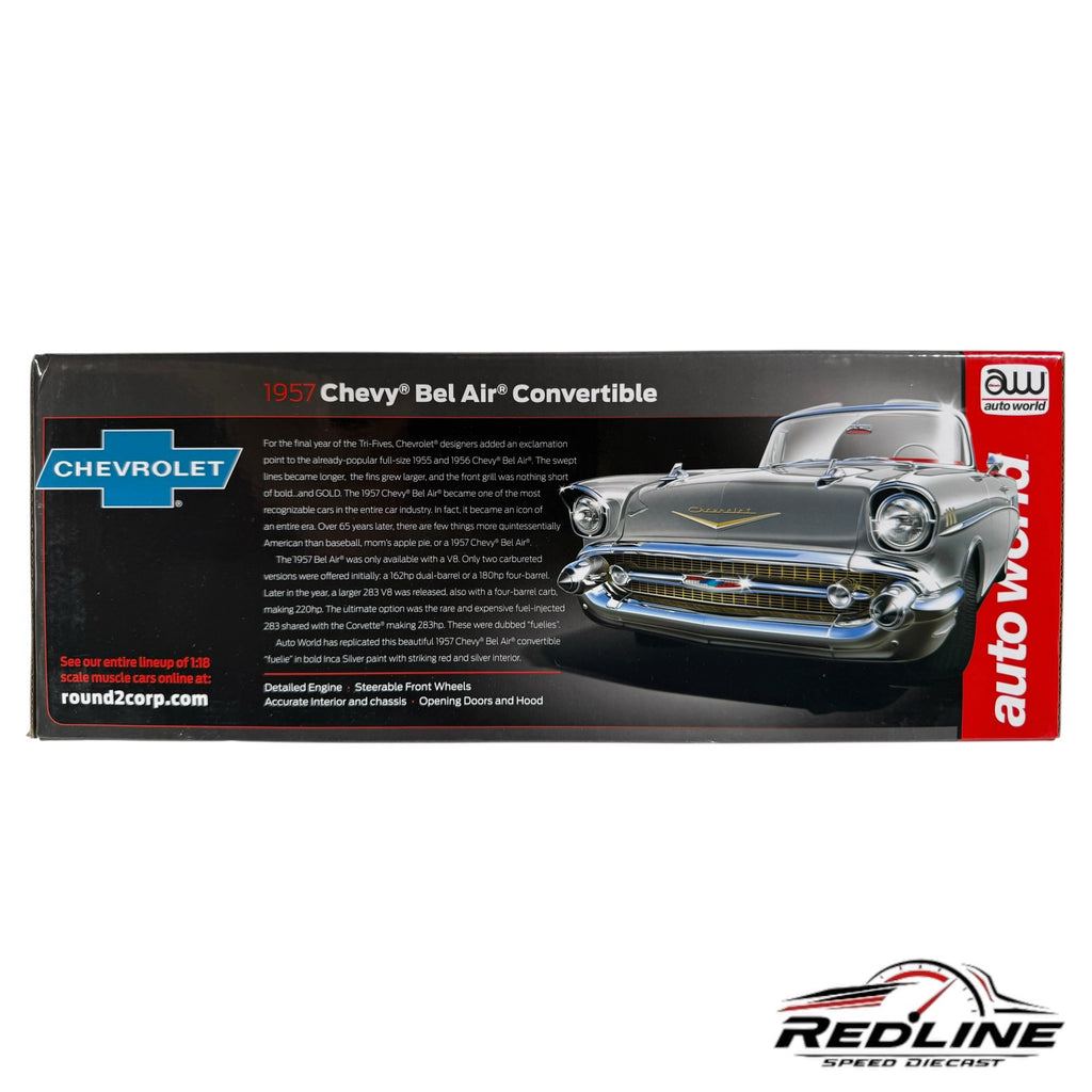 Auto World 1957 Chevrolet Bel Air convertible die-cast model packaging box with detailed product information.