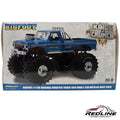 Bigfoot 1974 Ford F-250 monster truck diecast model in blue with oversized tires and authentic graphics in packaging.