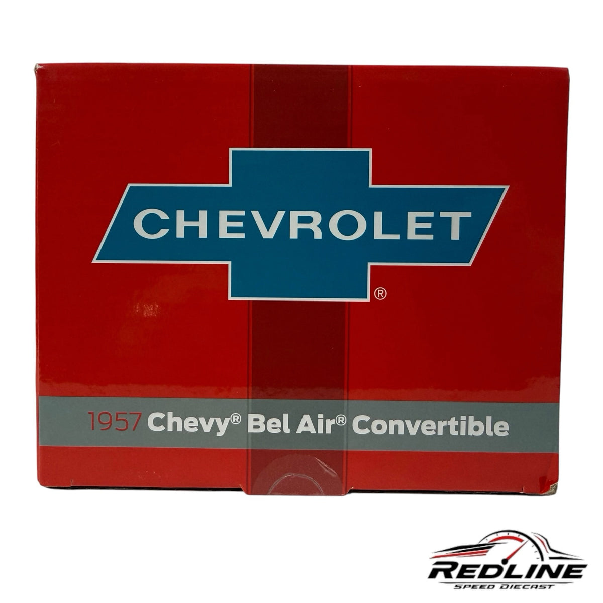 Red and blue Chevrolet 1957 Bel Air Convertible die-cast model packaging box with official branding.