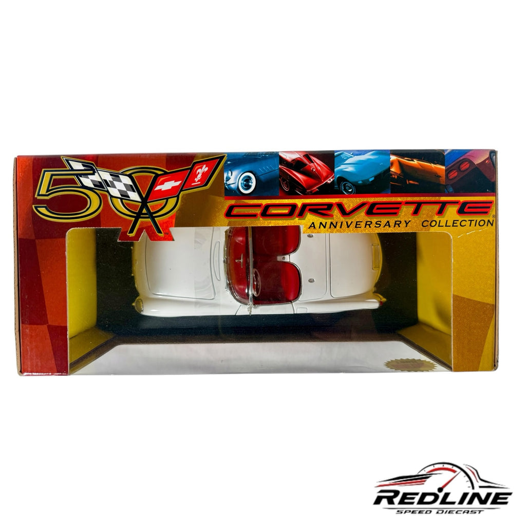 1953 Chevrolet Corvette 50th Anniversary diecast model in white with red interior, displayed in its original box.