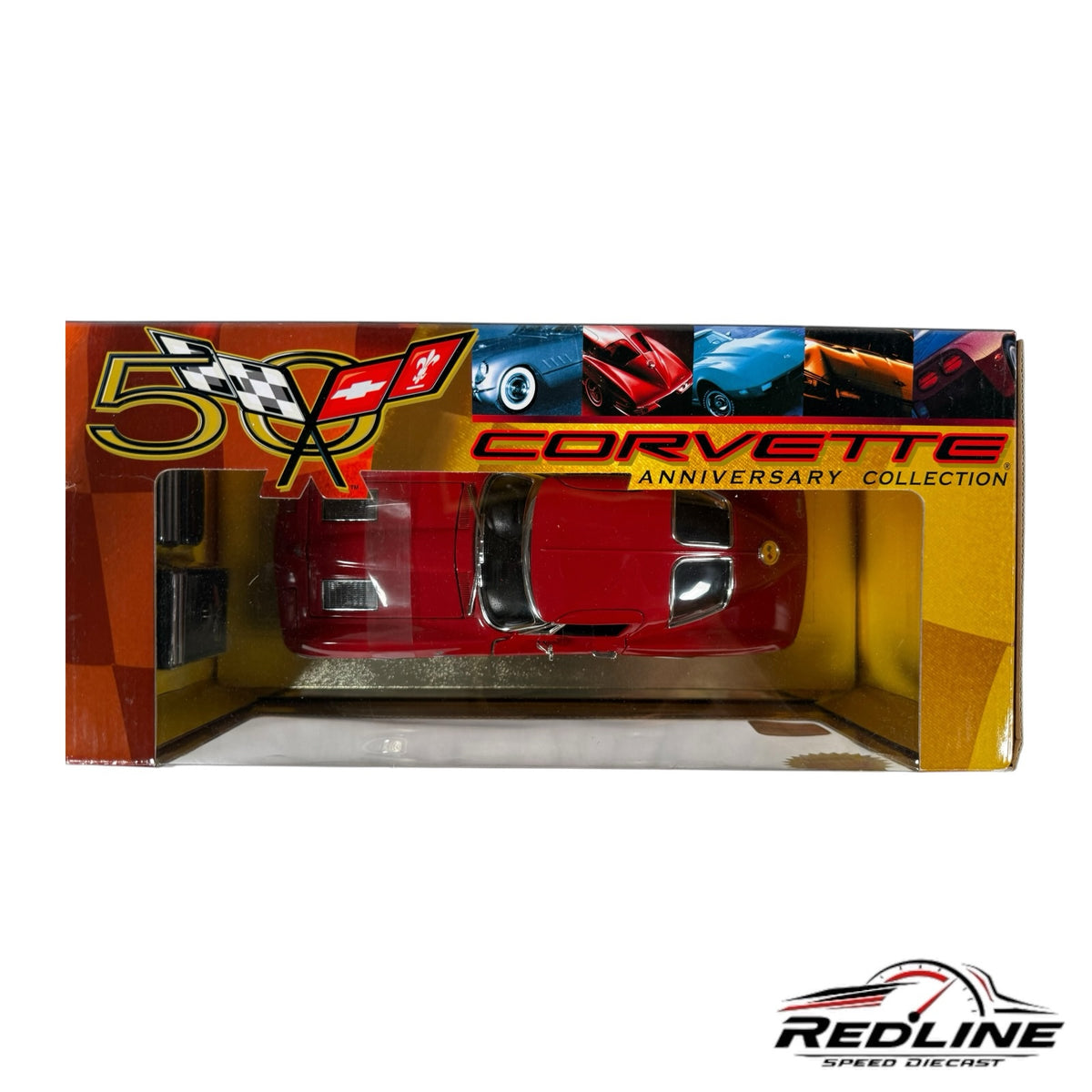 Red 1963 Chevrolet Corvette anniversary edition diecast model in original display box, top view.