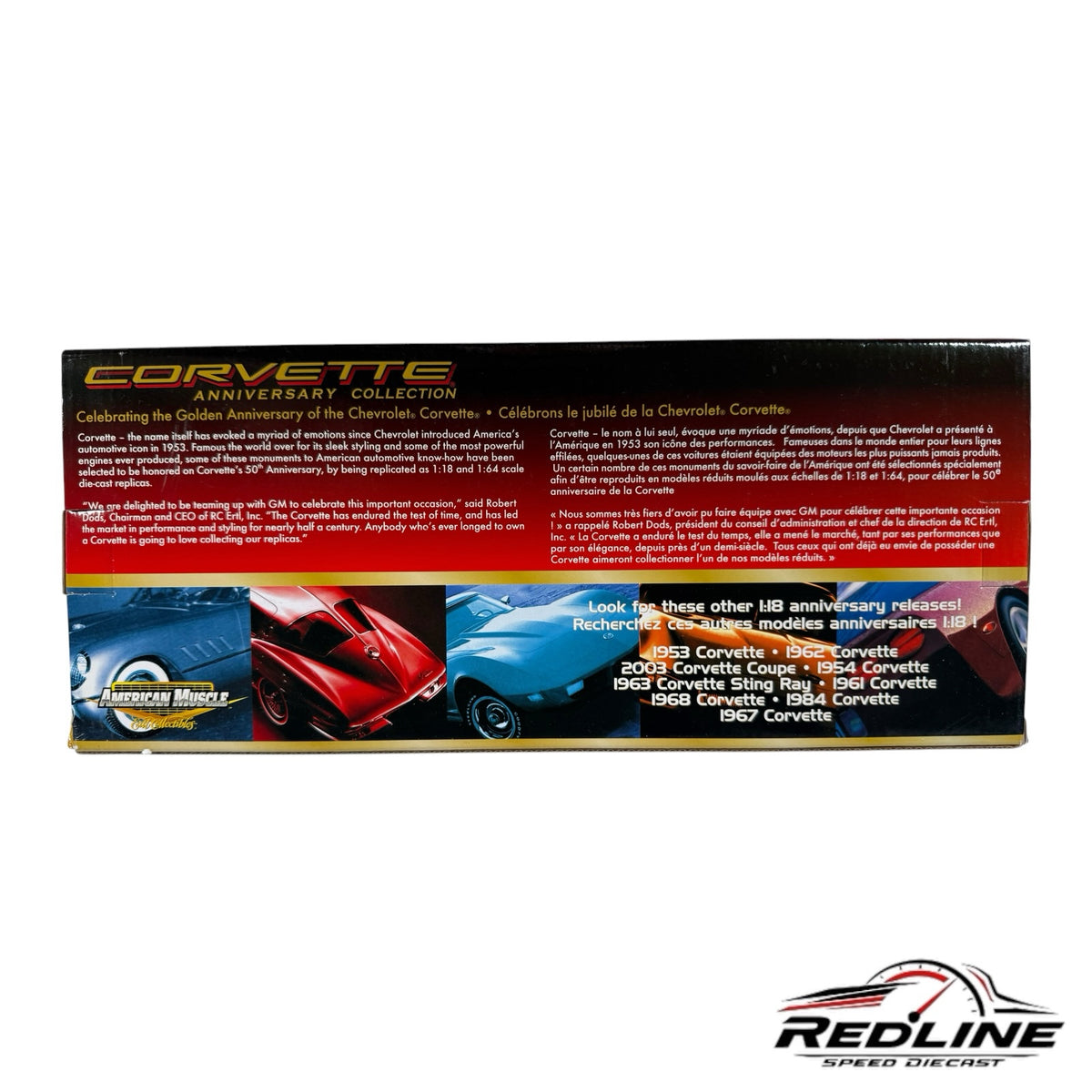 Chevrolet Corvette Anniversary Collection diecast model packaging box with historical vehicle imagery and text.