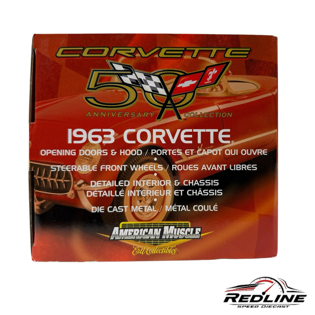 1963 Chevrolet Corvette 50th Anniversary Edition diecast model display box in red with detailed product features.