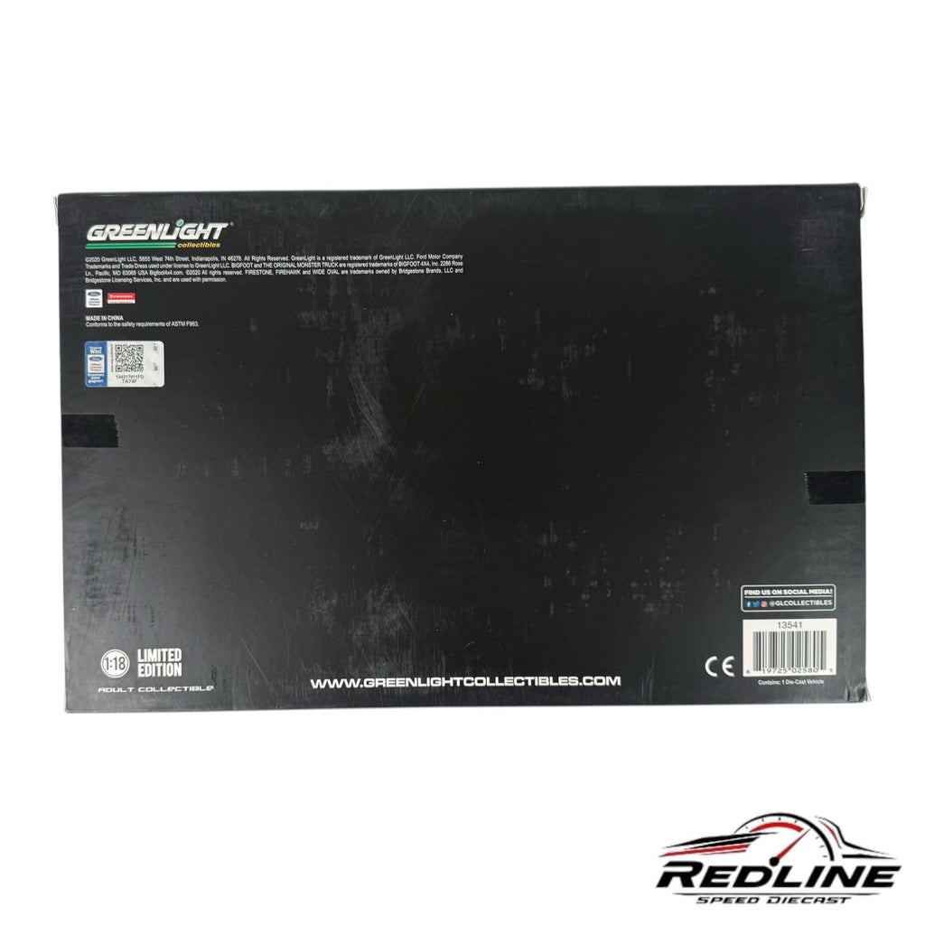 Black GreenLight Collectibles packaging box for a 1:18 scale Bigfoot 1974 Ford F-250 monster truck diecast model.