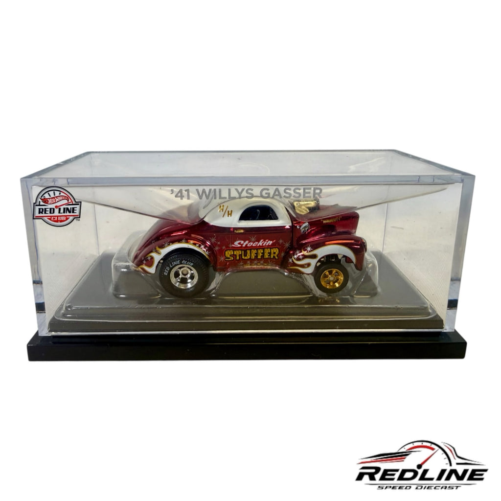 Redline Speed Diecast 2022 Hot Wheels 1941 Willys Gasser in metallic red and white with holiday Stockin Stuffer decals