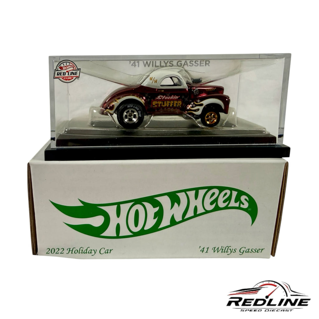 Redline Speed Diecast 2022 Hot Wheels 1941 Willys Gasser holiday edition in acrylic display case with festive graphics
