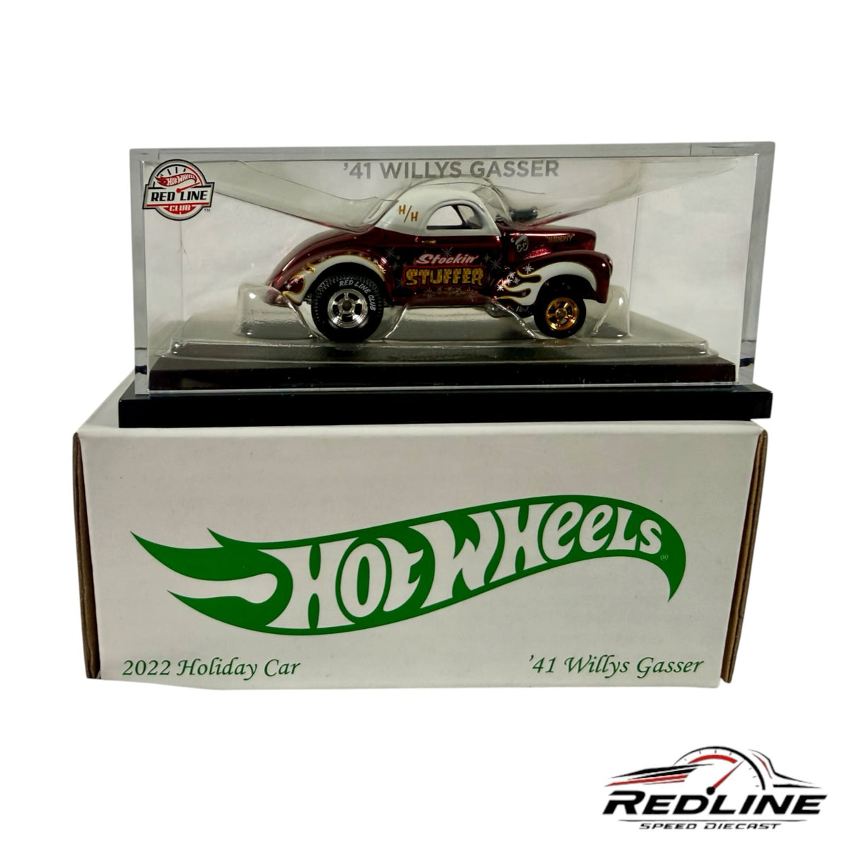 Redline Speed Diecast 2022 Hot Wheels 1941 Willys Gasser holiday edition in acrylic display case with festive graphics