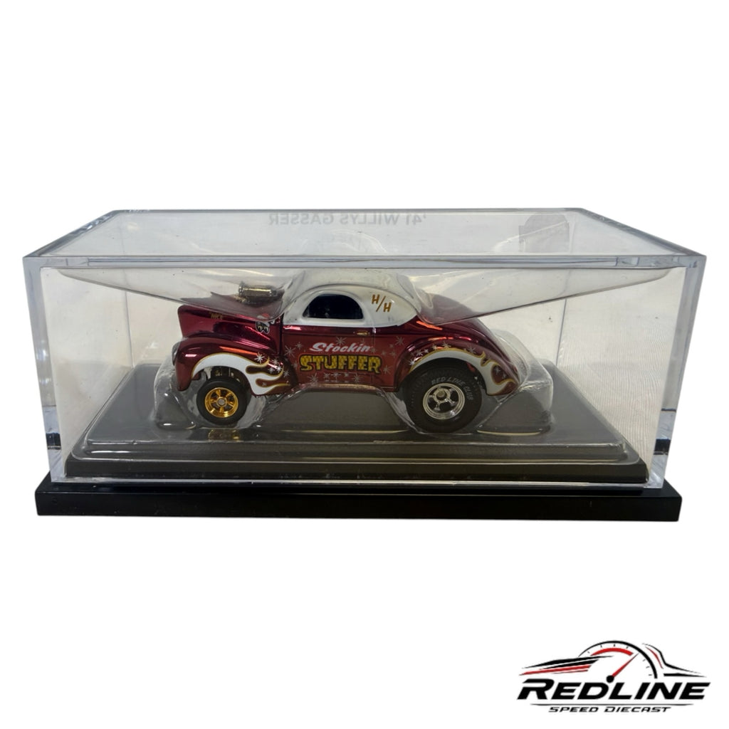 Redline Speed Diecast 2022 Hot Wheels 1941 Willys Gasser in metallic red and white with Stockin Stuffer holiday decals.
