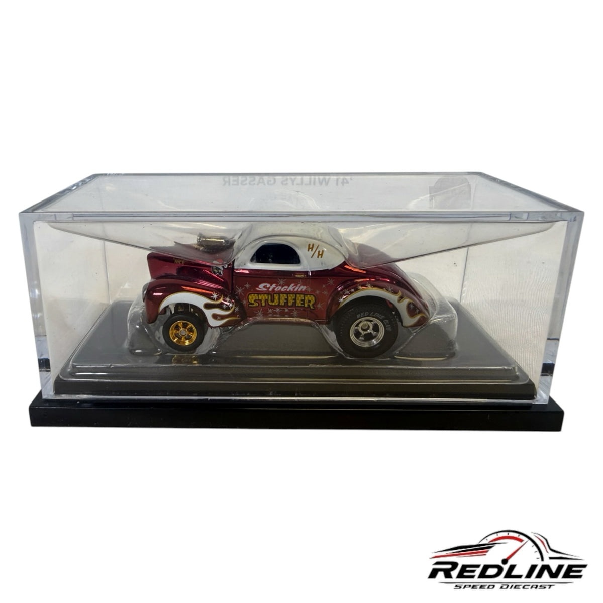 Redline Speed Diecast 2022 Hot Wheels 1941 Willys Gasser in metallic red and white with Stockin Stuffer holiday decals.