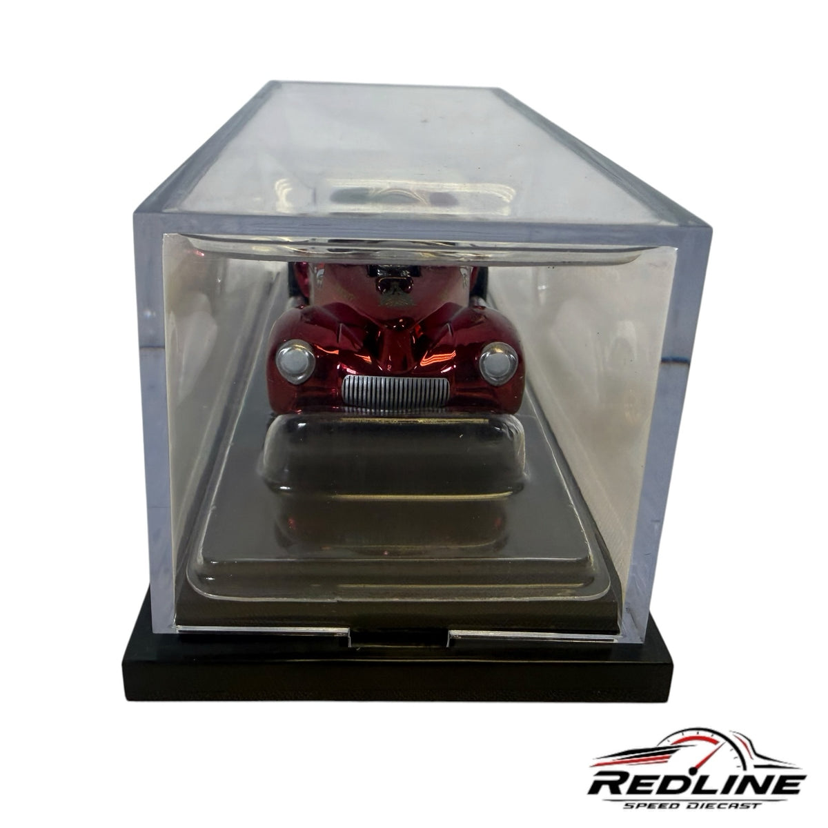 Redline Speed Diecast 1941 Willys Gasser in metallic red with white roof inside a clear acrylic display case
