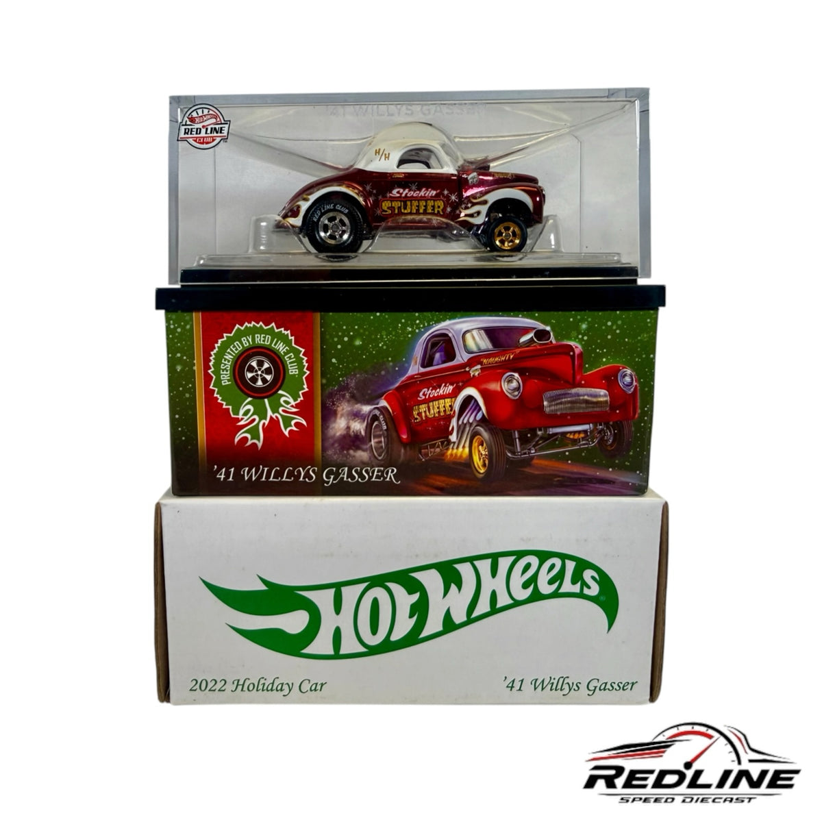 Redline Speed Diecast 2022 Hot Wheels 1941 Willys Gasser holiday car in acrylic case with festive box packaging.