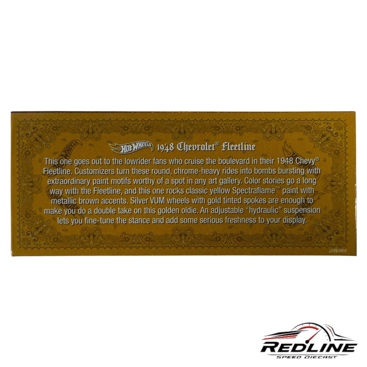 Redline Speed Diecast Hot Wheels 1948 Chevrolet Fleetline collector box with gold filigree and product description
