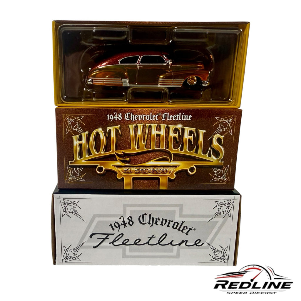 Redline Speed Diecast Hot Wheels 1948 Chevrolet Fleetline lowrider model in yellow and brown with custom packaging