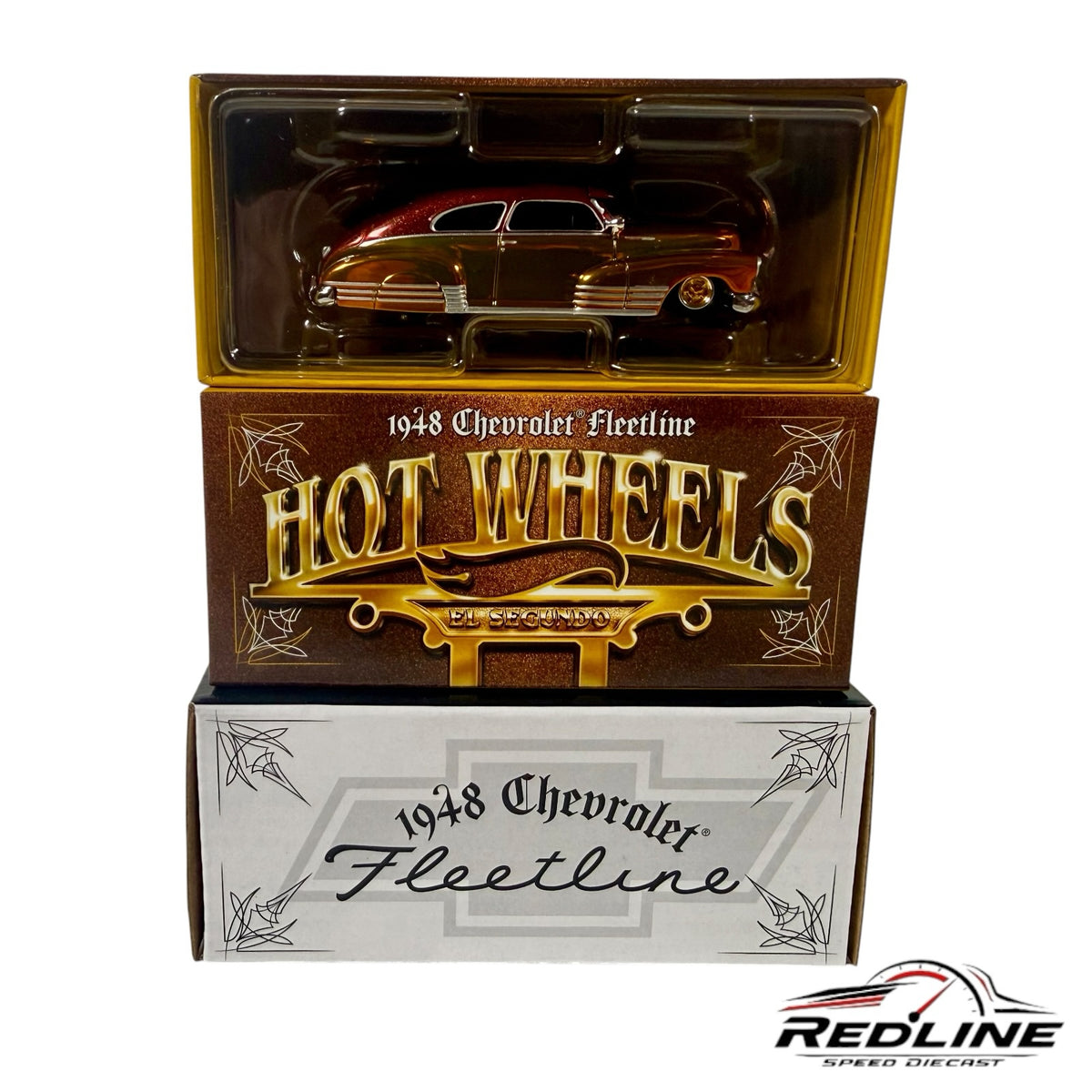 Redline Speed Diecast Hot Wheels 1948 Chevrolet Fleetline lowrider model in yellow and brown with custom packaging