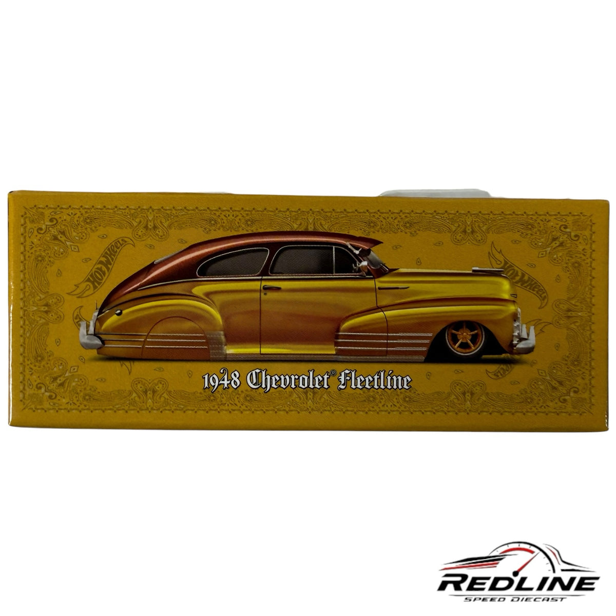 Redline Speed Diecast Hot Wheels 1948 Chevrolet Fleetline lowrider model in yellow and brown on collector box