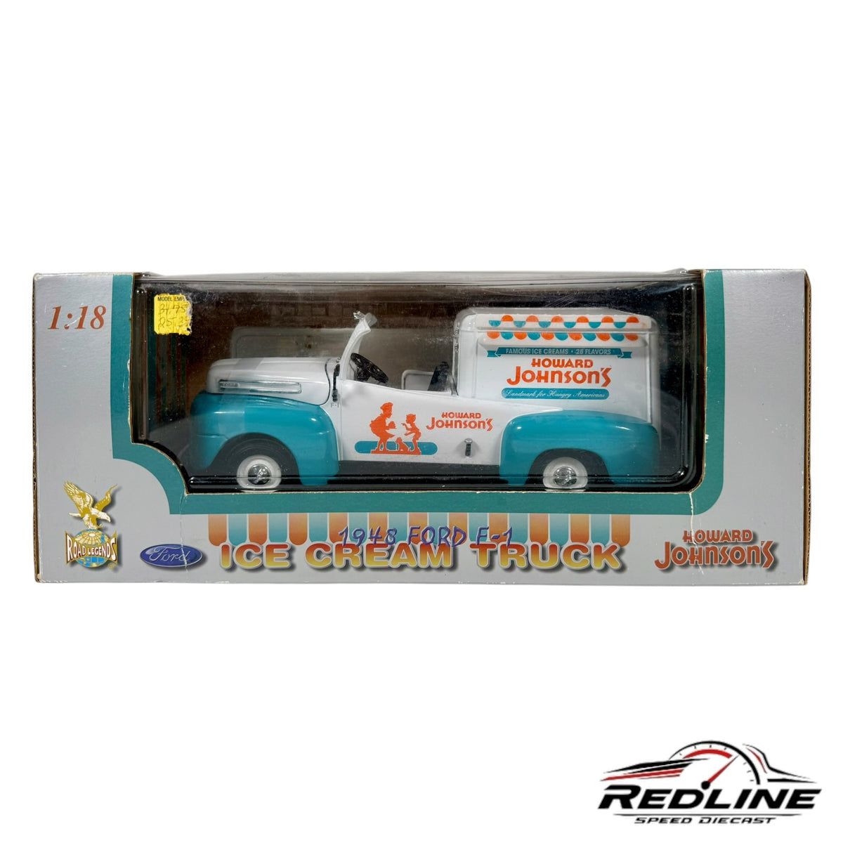 Redline Speed Diecast 1:18 scale 1948 Ford F-1 Howard Johnson's ice cream truck model in teal and white box
