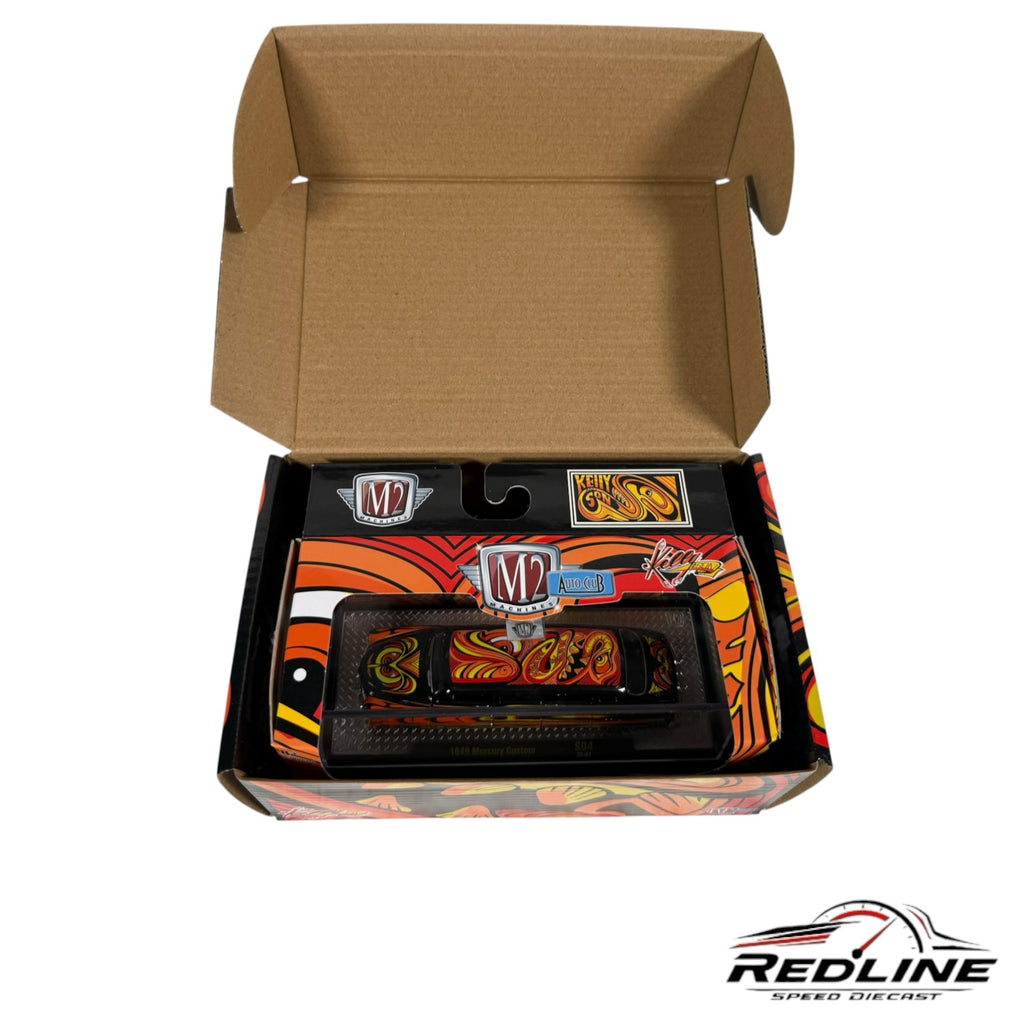 Redline Speed Diecast M2 Machines 1949 Mercury Custom in a display box with vibrant flame graphics and black paint.