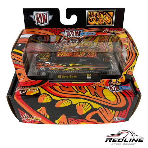 Redline Speed Diecast M2 Machines 1949 Mercury Custom with black body and vibrant flame graphics in display box