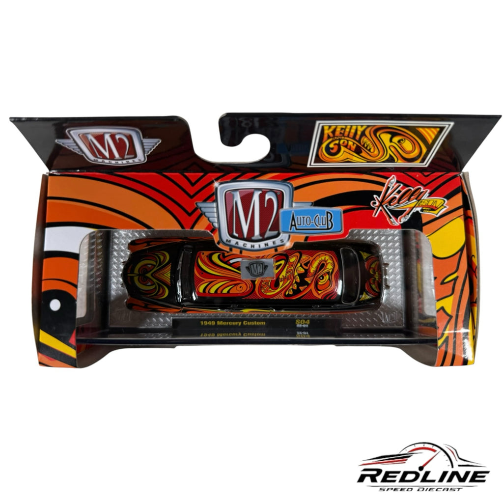 Redline Speed Diecast M2 Machines 1949 Mercury Custom with flame graphics in a collector display box