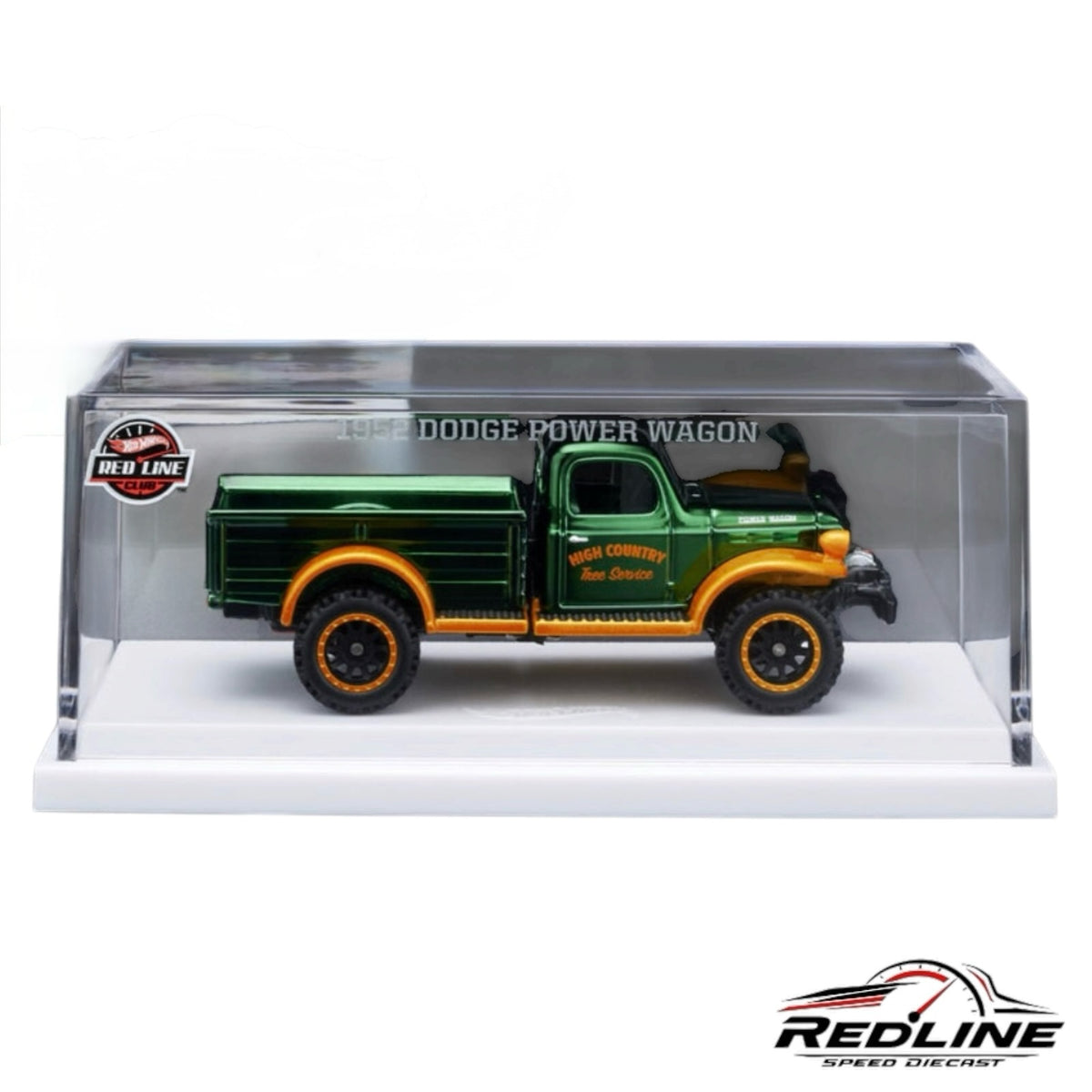 Redline Speed Diecast 1952 Dodge Power Wagon in green Spectraflame with orange accents in a clear acrylic display case