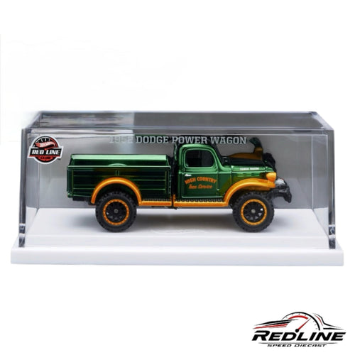 Redline Speed Diecast 1952 Dodge Power Wagon in green Spectraflame with orange accents in a clear acrylic display case