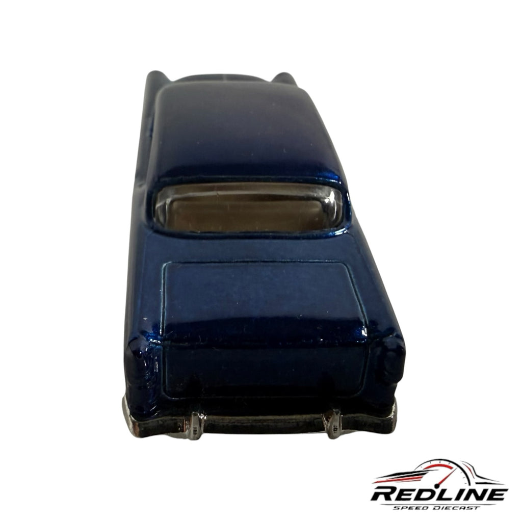 Redline Speed Diecast 1955 Chevrolet Bel Air model car in metallic blue, rear view showing classic chrome bumper.