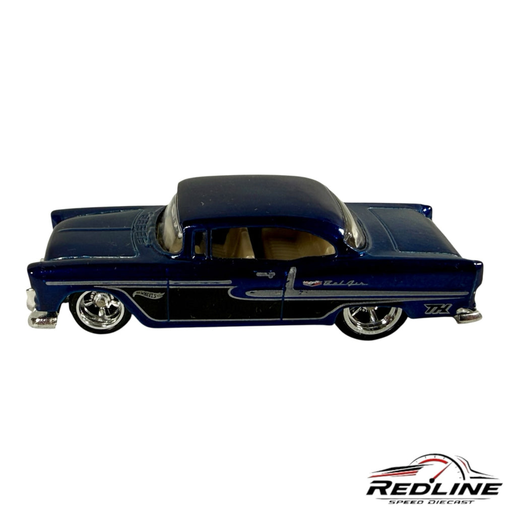 Redline Speed Diecast 1955 Chevrolet Bel Air model car in metallic blue with chrome trim and detailed interior